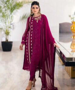 Exclusive Wine Pure Georgette Fancy Embroidery Work Pakistani Suit With Dupatta