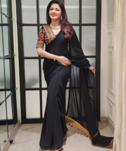 Exclusive Black Pure Georgette Fancy Embroidery Work Saree With Blouse