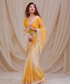 Exclusive Yellow,Green & Mehendi Pure Georgette Embroidery Work Saree With Blouse