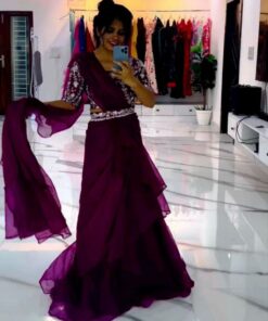 Exclusive Wine Organza Sequence Work Lehenga Saree With Blouse And Belt