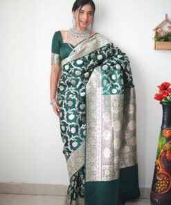 Exclusive Bottle Green Soft Silk Zari Work Saree With Blouse