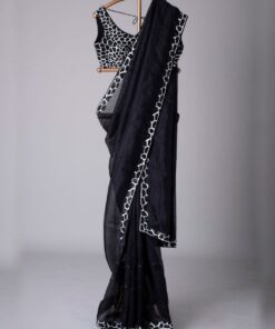 Exclusive Black & White Soft Georgette Sequence Work Saree With Blouse