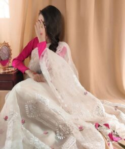 Exclusive White & Pink Tabby Lucknowi Chikan Work Saree With Blouse