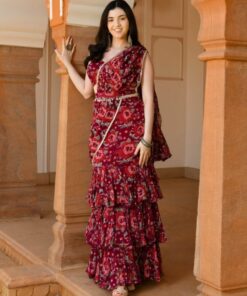 Exclusive Maroon Pure Georgette Floral Print Work Saree With Blouse