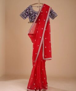 Exclusive Red-Purple Organza Silk Fancy Embroidery Work Saree With Blouse