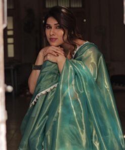 Exclusive Shiny Sea Green Tissue Silk Lace Work Saree With Blouse