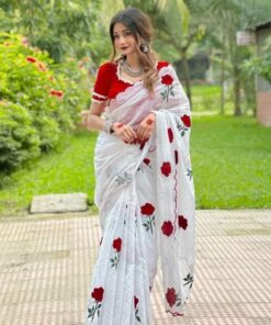 Exclusive White & Red Pure Georgette Embroidery Work Saree With Blouse