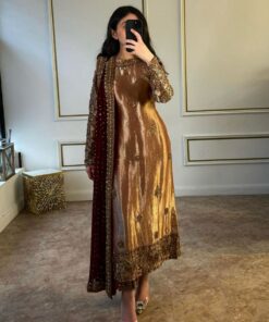 Exclusive Copper Pure Georgette Embroidery Work Pakistani Suit With Maroon Dupatta