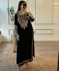 Exclusive Black Pure Georgette Fancy Embroidery Work Pakistani Suit With Dupatta