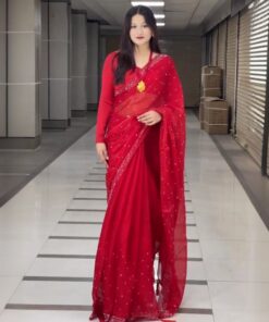 Exclusive Red-Wine & Maroon Jimmy Choo Hot Fix Diamond Work Saree With Blouse