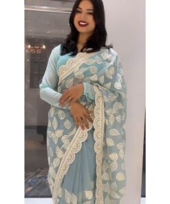 Exclusive Sky Pure Georgette Thread Work Saree With Blouse