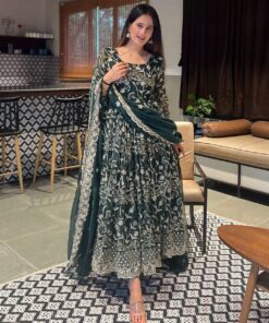 Exclusive Sage Green Pure Georgette Embroidery Work Anarkali Gown With Dupatta