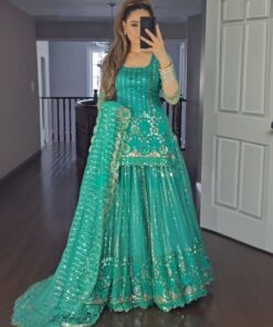 Exclusive Aqua Green & Blue Pure Georgette Embroidery Work Sharara Suit With Dupatta