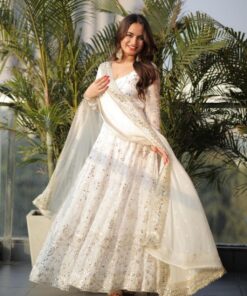 Exclusive White Pure Georgette Sequence Work Anarkali Gown With Dupatta