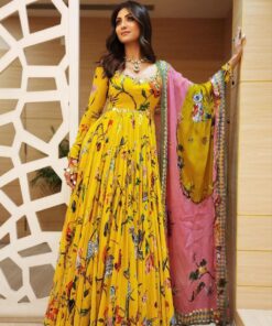 Exclusive Yellow Tabby Organza Floral Print Work Anarkali Gown With Dupatta