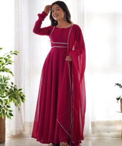 Exclusive Dark Pink Pure Georgette Lace Work Anarkali Gown With Dupatta