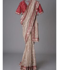 Exclusive Red & Beige Organza Silk Embroidery Work Saree With Blouse