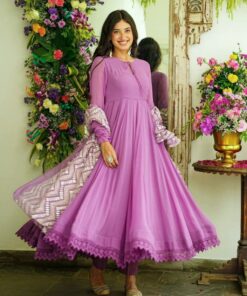 Exclusive Lilac Faux Georgette Fancy Gpo Lace Work Anarkali Suit With Dupatta