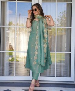 Exclusive Pastel Green Chinon Silk Embroidery Work Pant Suit With Dupatta