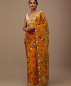 Exclusive Orange Organza Silk Fancy Embroidery Work Saree With Blouse