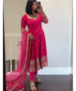 Exclusive Pink Faux Georgette Lace Work Gown With Dupatta