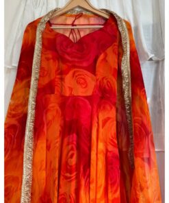 Exclusive Orange Faux Georgette Digital Print Gown With Dupatta