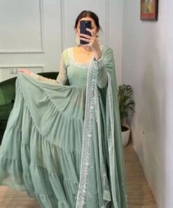 Exclusive Pista Green Pure Georgette Sequence Work Anarkali Gown With Dupatta