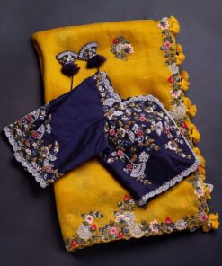 Exclusive Organza Silk Sequence Work Yellow Saree With Purple Blouse