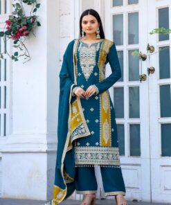 Designer Rama & Yellow Silk Sequence Work Pant Suit With Dupatta