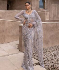 Exclusive Silver Grey Mono Net Embroidery Work Saree With Blouse