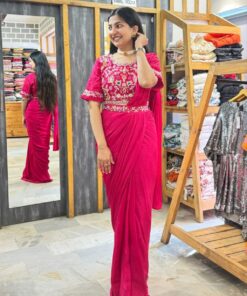 Exclusive Hot Pink Pure Georgette Embroidery Work Saree With Blouse And Belt