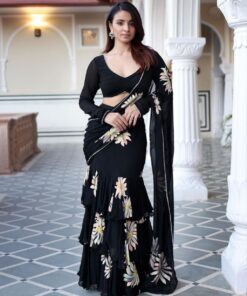 Exclusive Black Pure Georgette Fancy Lace Work Saree With Blouse