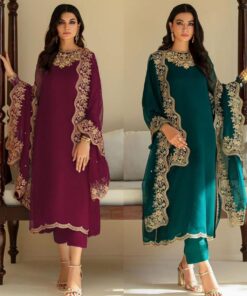 Exclusive Dark Pink & Green Pure Georgette Embroidery Work Pakistani Suit With Dupatta