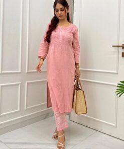 Exclusive Peach Faux Georgette Embroidery Work Pant Suit