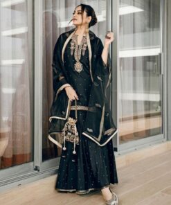 Exclusive Black Chinon Silk Zari Work Pakistani Suit With Dupatta