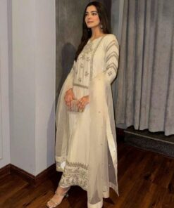 Exclusive Cream Chinon Silk Zari Work Pakistani Suit With Dupatta