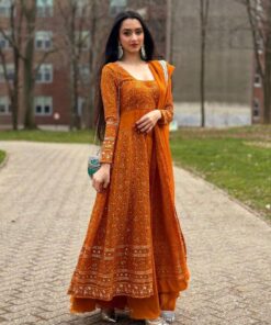 Exclusive Orange Pure Georgette Embroidery Work Front-Cut Anarkali Suit With Dupatta