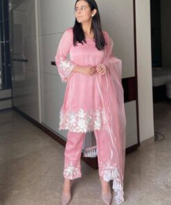 Exclusive Baby Pink Fiona Silk Embroidery Work Pant Suit With Dupatta