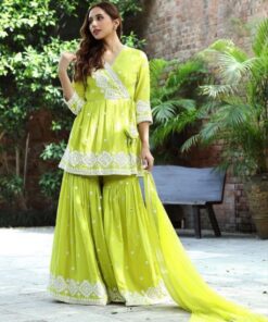 Exclusive Lime Georgette Embroidery Work Sharara Suit With Dupatta