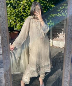 Exclusive Olive Grey Pure Georgette Embroidery Work Pakistani Suit With Dupatta