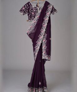 Exclusive Purple Faux Georgette Embroidery Work Saree With Blouse