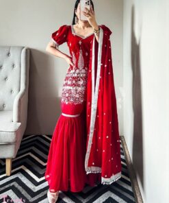 Exclusive Cherry Red Georgette Sequence Work Gharara Suit With Dupatta