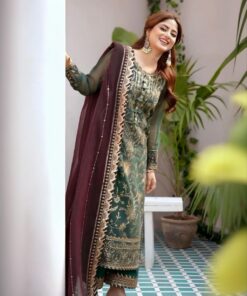 Exclusive Sage Green Pure Georgette Embroidery Work Pakistani Suit With Wine Dupatta