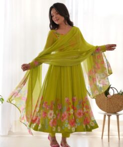 Exclusive Green Soft Organza Floral Printed Anarkali Suit With Dupatta