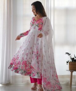 Exclusive White Organza Silk Floral Printed Anarkali Suit With Dupatta