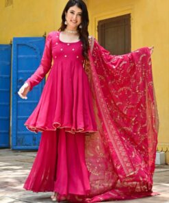 Exclusive Scarlett Pink Faux Georgette Embroidery Work Sharara Suit With Dupatta