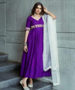 Exclusive Purple Phantom Silk Lace Work Anarkali Suit With Sky Dupatta