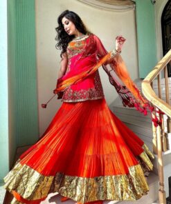 Exclusive Orange & Red Pure Georgette Sequence Work Sharara Suit With Heavy Dupatta