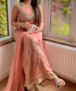 Exclusive Peach Pure Georgette Embroidery Work Pakistani Suit With Dupatta