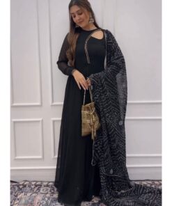 Exclusive Black Faux Georgette Lace Work Anarkali Gown With Dupatta